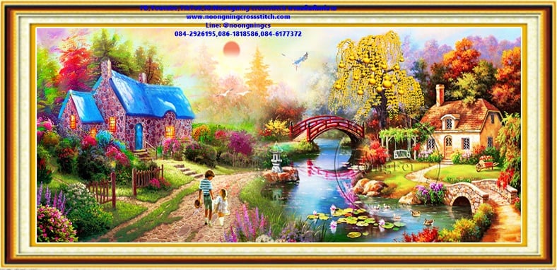 บ้านสวนริมน้ำ ชุดปักครอสติส พิมพ์ลาย ครอสติสจีน งานฝีมือทำที่บ้าน DIY