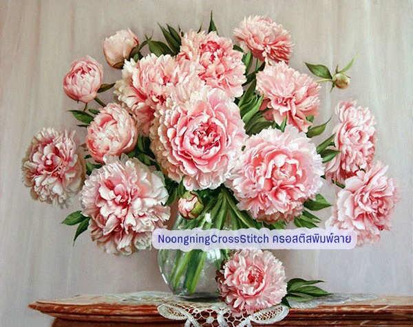 ดอกไม้สีชมพู ครอสติสคริสตัล Diamond painting โมเสก ภาพติดเพชร งานฝีมือทำที่บ้าน DIY