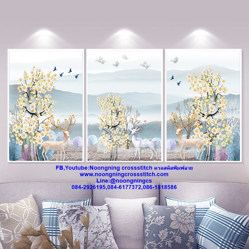 กวางมงคล ดอกไม้ ชุดปักครอสติส พิมพ์ลาย ครอสติสจีน งานฝีมือทำที่บ้าน DIY
