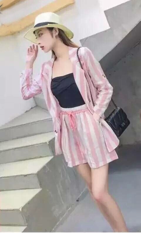 PS0018 เสื้อผ้าแฟชั่น เสื้อผ้าเกาหลี ชุดเซ็ทเกาหลี ชุดเซ็ต ชุดไปเที่ยว ชุดออกงาน ชุดทำงาน (สีชมพู)
