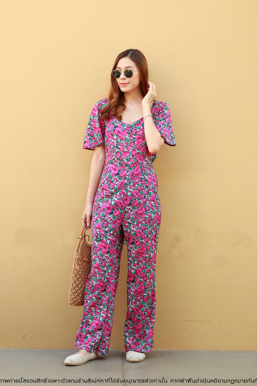 JS0085 จั๊มสูทขายาว จั๊มสูทออกงาน จั๊มสูทเกาหลี จั๊มสูทลายดอก จั๊มสูทแฟชั่น
