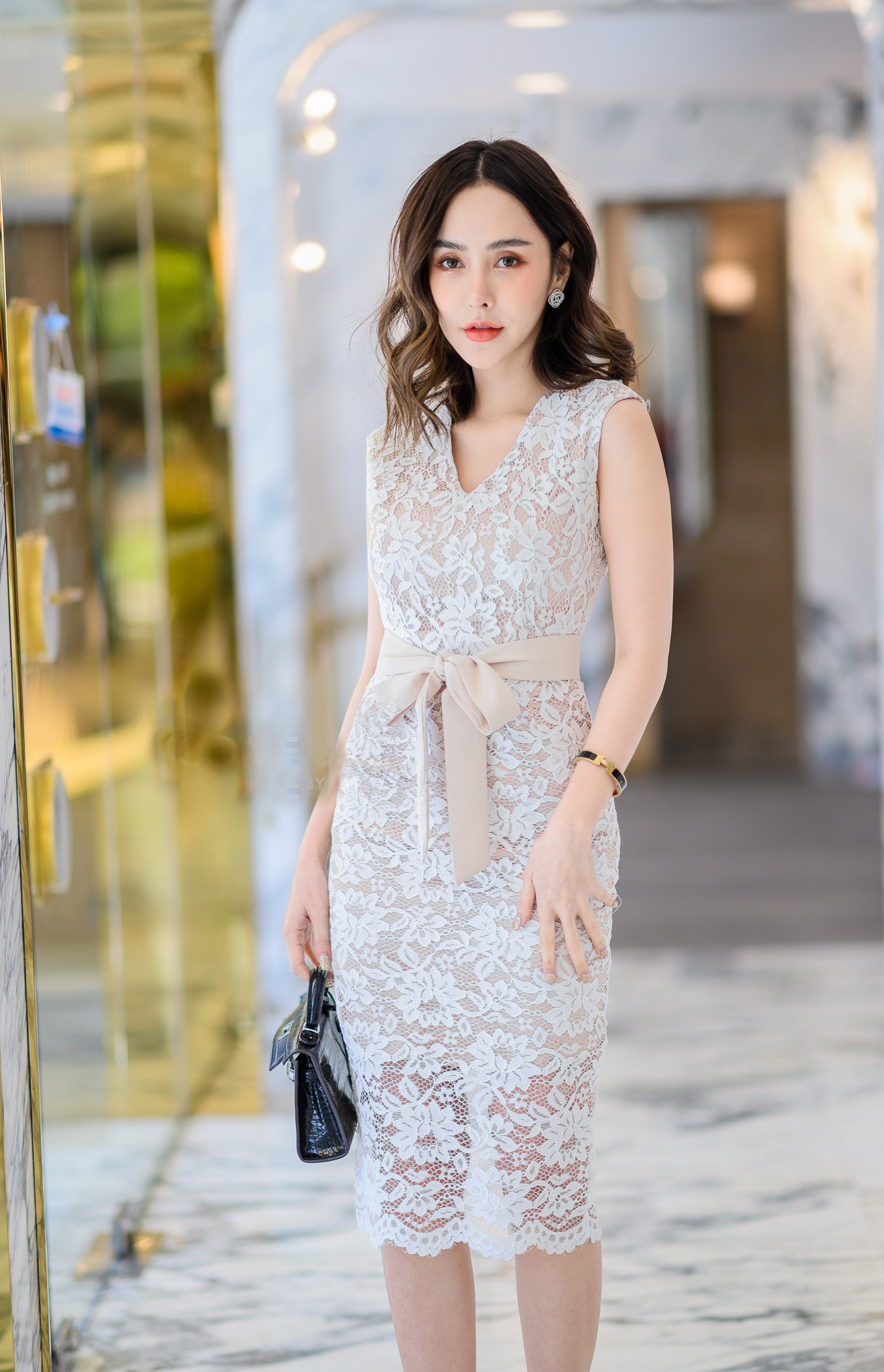 DS0111 เดรสลูกไม้ ชุดลูกไม้ ชุดไปงานแต่ง เดรสออกงาน ชุดออกงาน มินิเดรส เดรสสั้น ชุดทำงาน dress