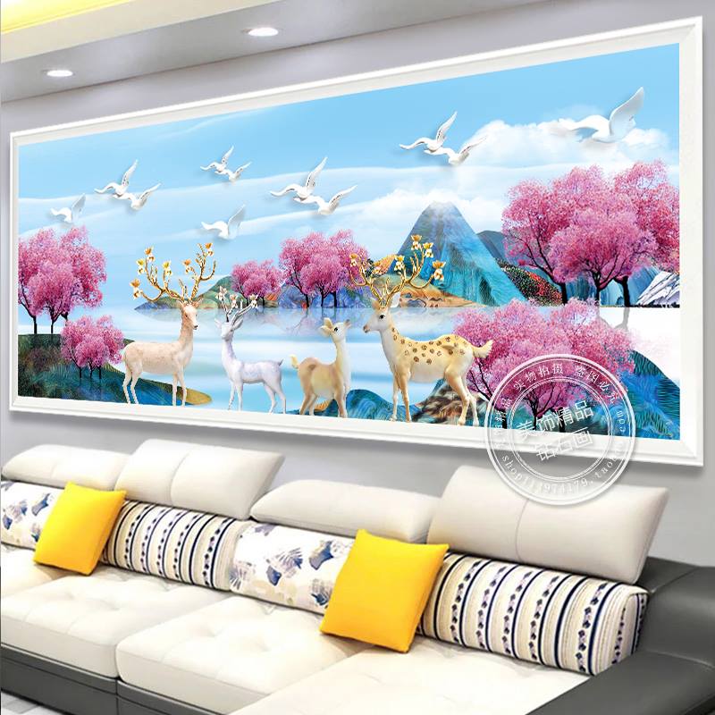 ฝูงกวาง วิวภูเขา ครอสติสคริสตัล Diamond painting โมเสก ภาพติดเพชร งานฝีมือทำที่บ้าน DIY