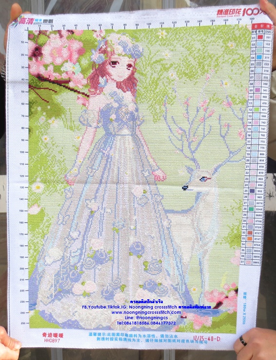 นางฟ้าคู่กวาง ครอสติสปักสำเร็จ62x50cm ไม่รวมกรอบ งานฝีมือ DIY