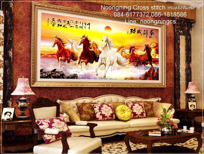 ม้า8ตัวมงคล ชุดปักครอสติส พิมพ์ลาย ครอสติสจีน งานฝีมือทำที่บ้าน DIY