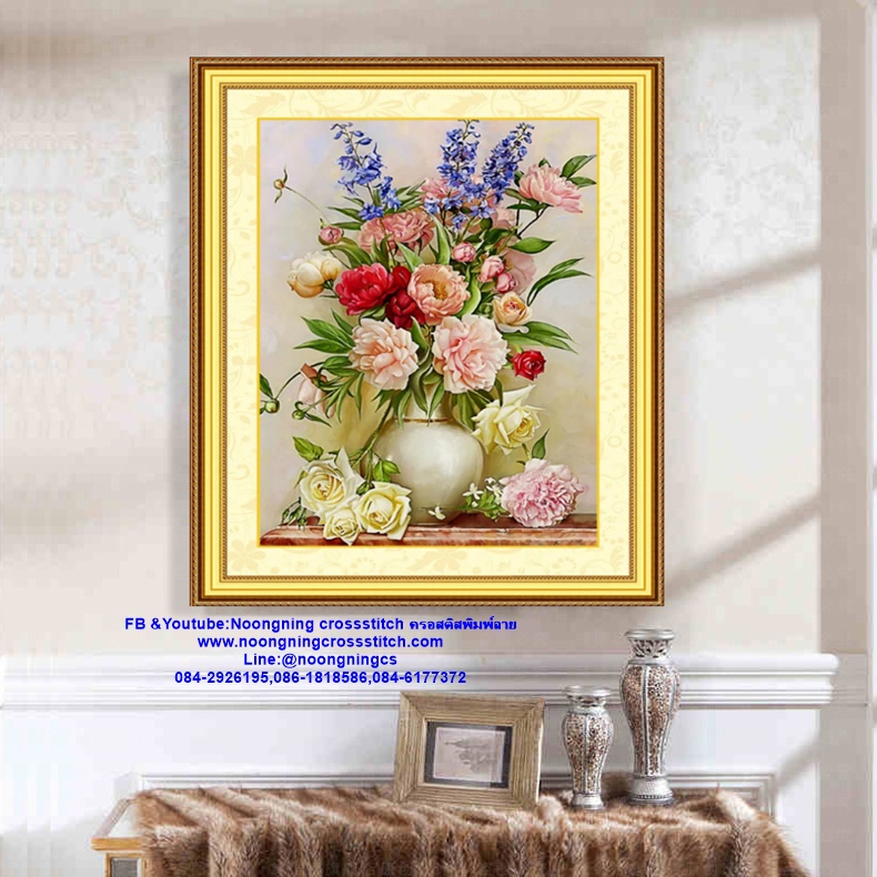 แจกันดอกไม้ ชุดปักครอสติส พิมพ์ลาย ครอสติสจีน งานฝีมือทำที่บ้าน DIY
