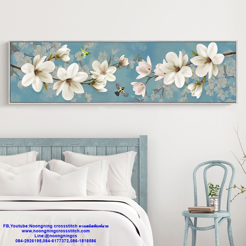 ดอกไม้สวยงาม นกคู่ ชุดปักครอสติส พิมพ์ลาย ครอสติสจีน งานฝีมือทำที่บ้าน DIY
