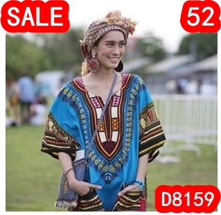 Sale++D8159**Jungo Dress **เดรส ลาย จังโก้ สีน้ำเงิน ผ้าคอตต้อนพิมพ์ลายสีสันสดใส มีกระเป๋าหน้า 2 ข้าง Size : อก 52 เอว 52 สะโพก 52” ความยาว 33”