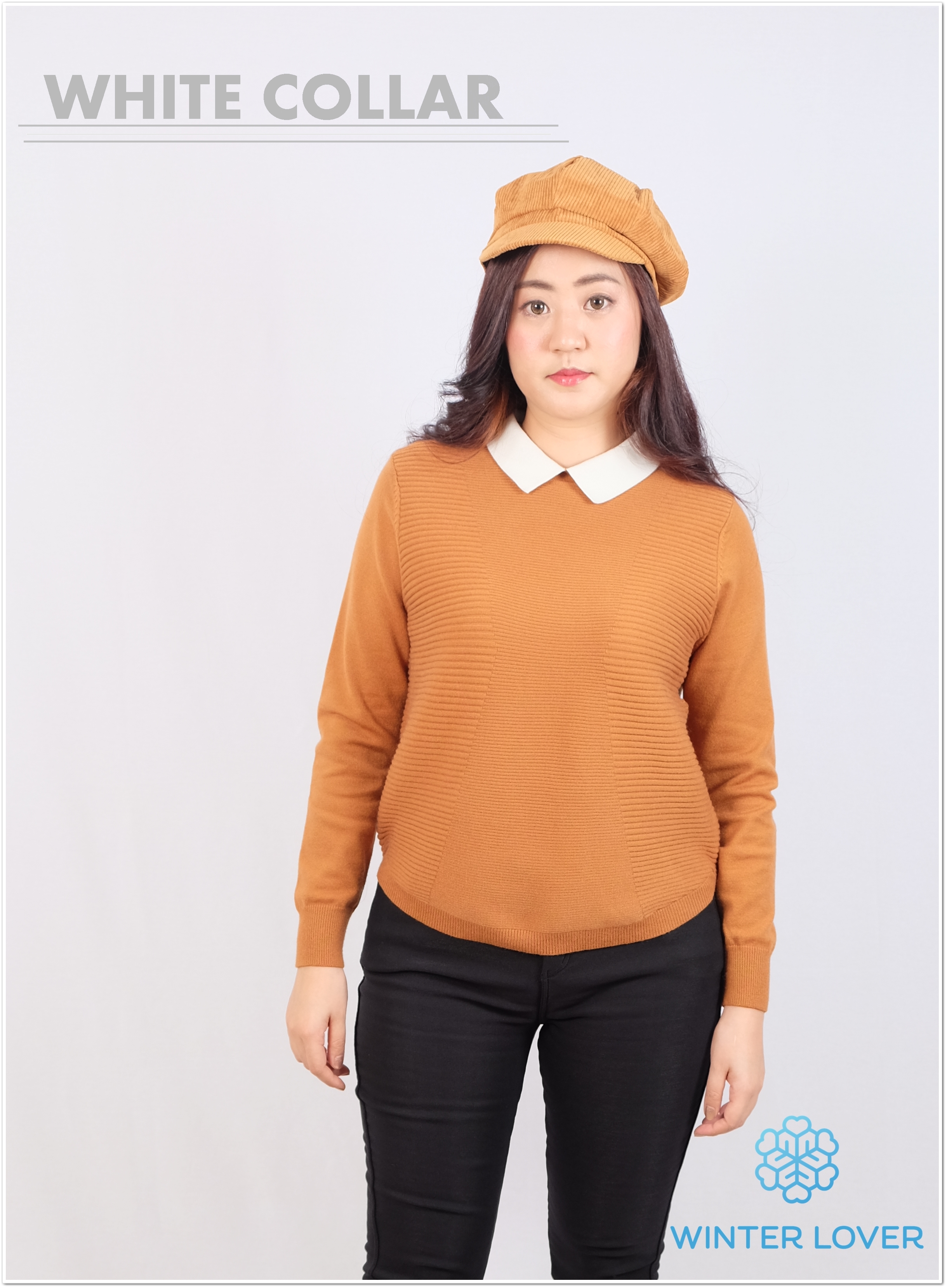 เสื้อไหมพรมสีน้ำตาล คอปกสีขาว แขนยาว สวยเก๋ ขนาดกลาง (พร้อมส่ง)(Free Size)