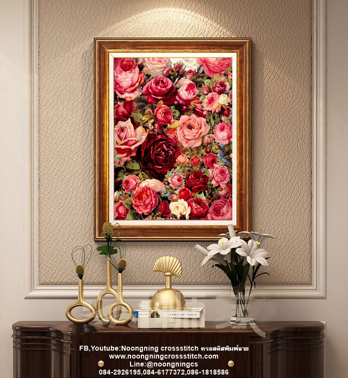 ช่อกุหลาบแดง ชุดปักครอสติส พิมพ์ลาย ครอสติสจีน งานฝีมือทำที่บ้าน DIY