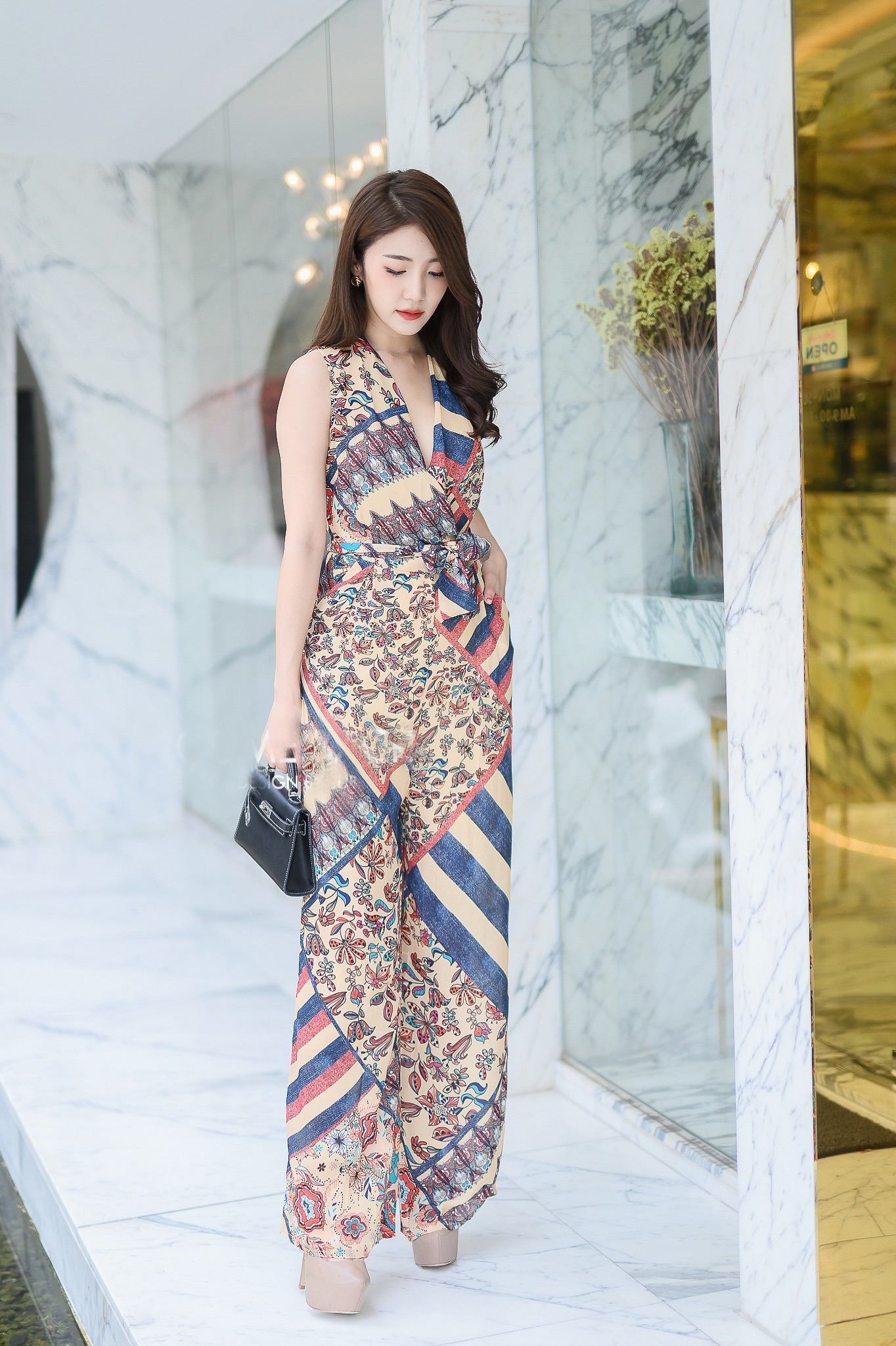 JS00103 จั๊มสูทคอวี จั๊มสูทขายาว จั๊มสูทออกงาน จั๊มสูทแขนกุด จั๊มสูทแฟชั่น