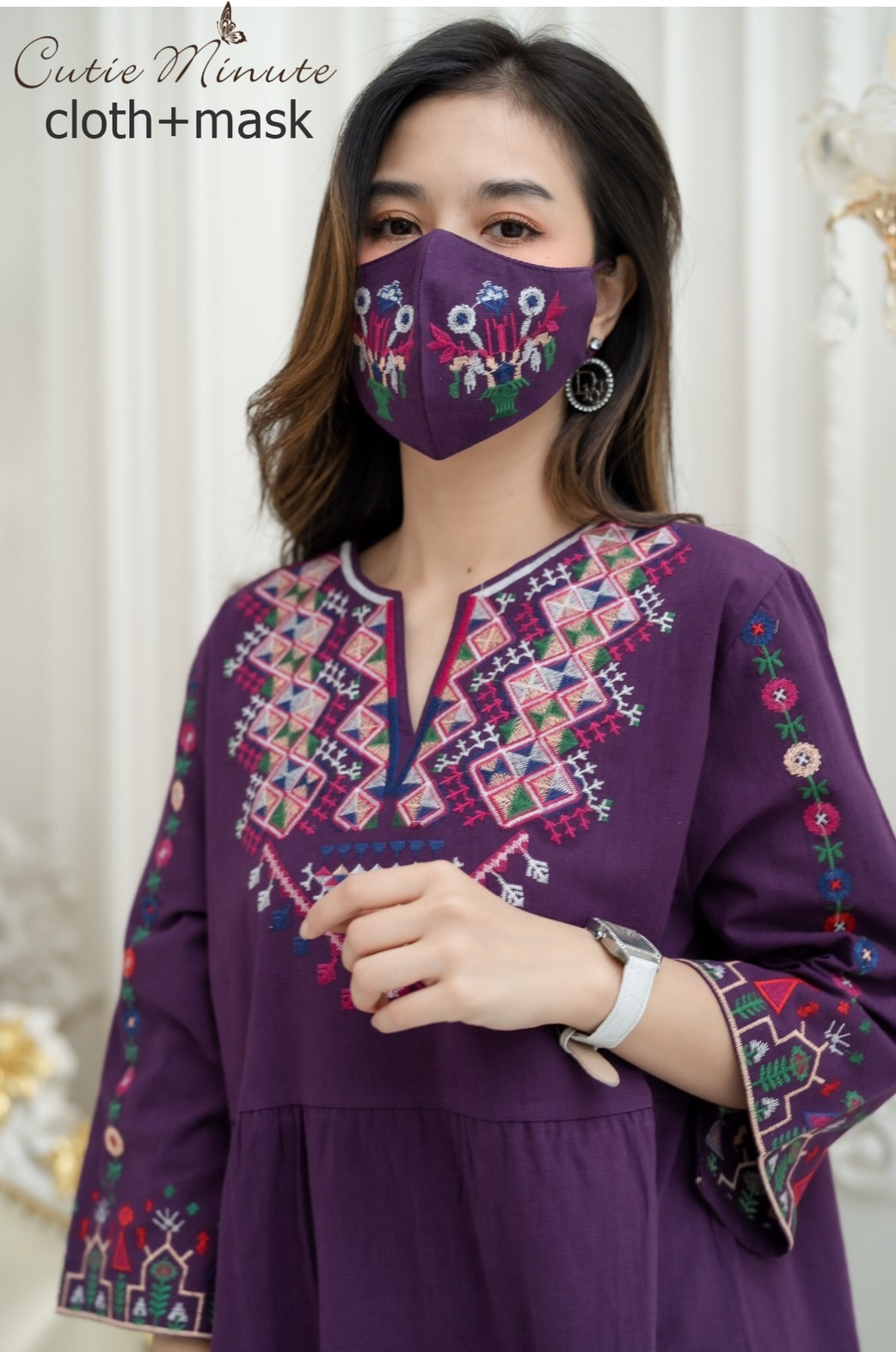 Sale++#CUTIE MINUTE 14041 เดรสลินิน+Maskผสมผ้าฝ้ายญี่ปุ่นเกรดพรีเมี่ยม งานปักอลังการทั้งตัว ทรงปล่อยๆสบายๆ ชุดใส่ง่าย ใส่เที่ยว ใส่อยู่บ้านตอนรับซัมเมอร์ได้สบายๆเลยค่ะ ** Mask ทรงสวยปรับเข้ากับโครงหน้า ใส่แล้วหน้าดูเรียวยาว ใช้ผ้ามัสลินอย่างดีซับด้านใน**