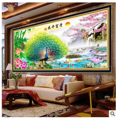 นกยูงเขียวรำแพน ชุดปักครอสติส พิมพ์ลาย ครอสติสจีน งานฝีมือทำที่บ้าน DIY