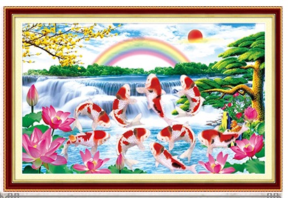 ปลาคราฟ8 ดอกบัว สายรุ้ง ชุดปักครอสติส พิมพ์ลาย ครอสติสจีน งานฝีมือทำที่บ้าน DIY