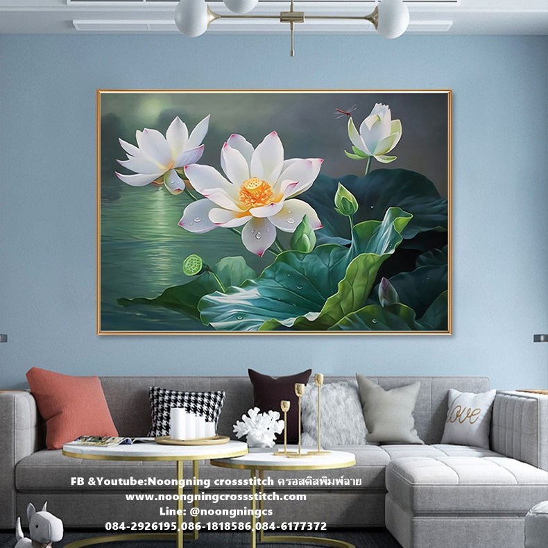 ดอกบัวหลวง มงคล ชุดปักครอสติส พิมพ์ลาย ครอสติสจีน งานฝีมือทำที่บ้าน DIY