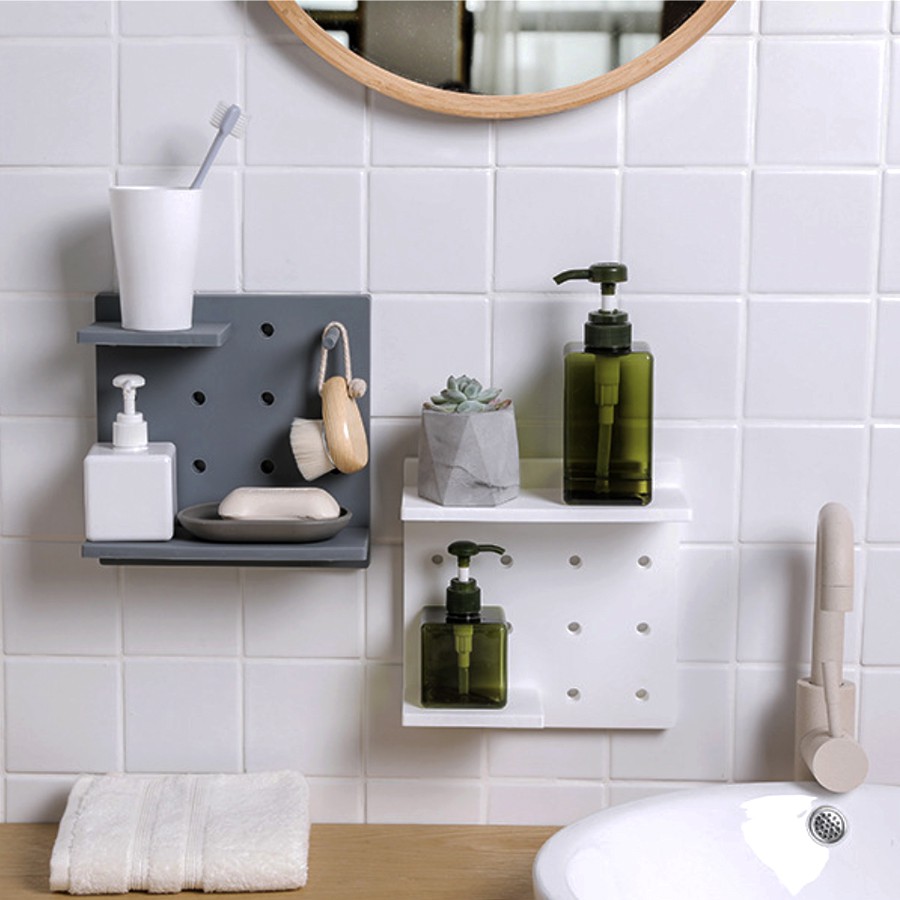 ชั้นวางติดผนัง ชั้นวางติดผนังไม่ต้องเจาะ ชั้นวางติดผนังห้องน้ำ ห้องครัว มีให้เลือก 3 สี Pegboard linhaomall