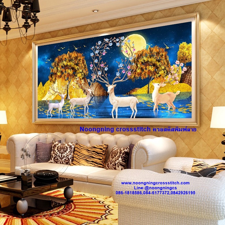 กวางมงคล ต้นไม้ทอง ชุดปักครอสติส พิมพ์ลาย ครอสติสจีน งานฝีมือทำที่บ้าน DIY