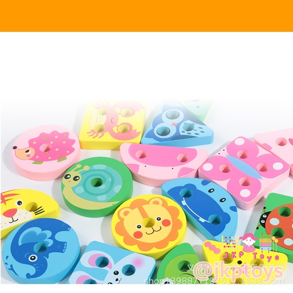 สวมหลักรูปทรงเรขาคณิตลายสัตว์ ของเล่นไม้เสริมพัฒนาการ ของเล่นไม้ทักษะ