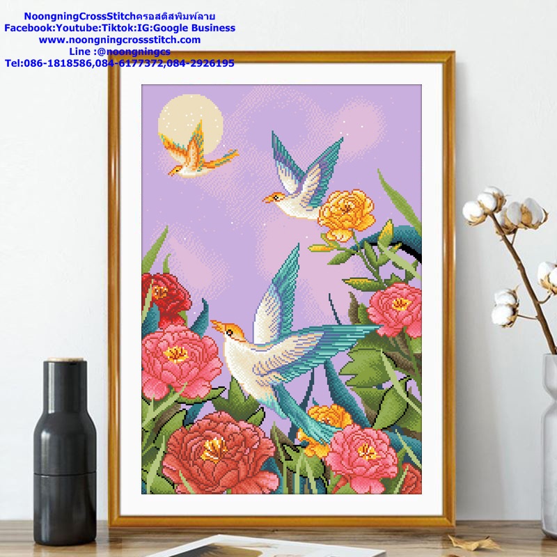 นก ดอกไม้สวยงาม ชุดปักครอสติช พิมพ์ลาย ครอสติสจีน งานฝีมือ DIY