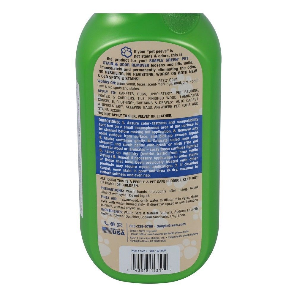 น้ำยาขจัดกลิ่น และคราบที่เกิดจากแมว SIMPLE GREEN 946 มล. CAT STAIN & ODOR REMOVER SIMPLE GREEN 946ML.