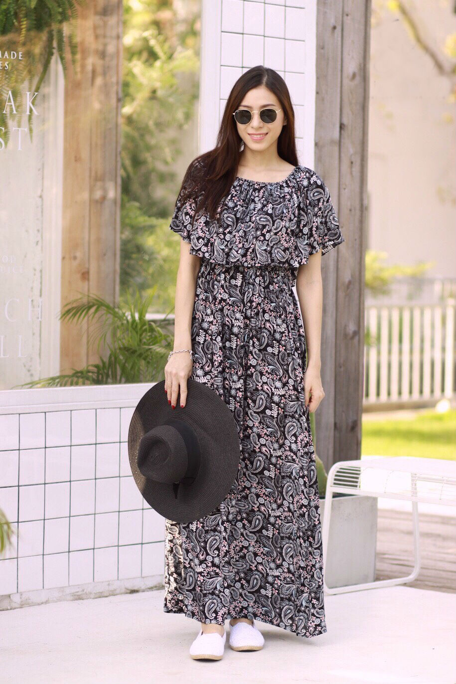 MD0027 เสื้อผ้าแฟชั่นเกาหลี เดรสเกาหลี เดรสยาว เดรสแฟชั่น แม็กซี่เดรส Maxidress ลายดอก Maxi Dress (สีดำ)