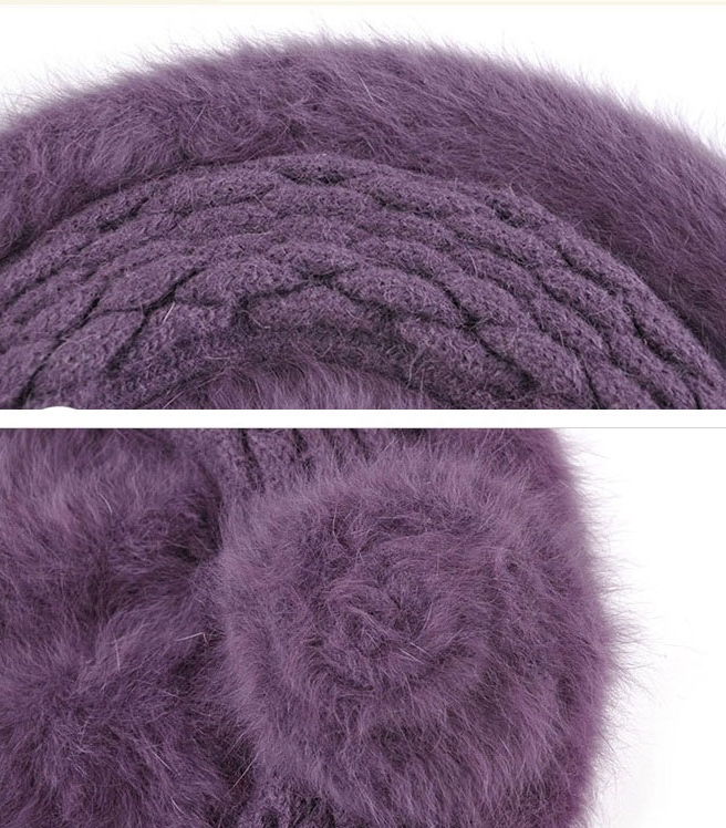 หมวกไหมพรมขนกระต่ายกันหนาวสีม่วงทรงไบเล่(พร้อมส่ง)(Free Size)