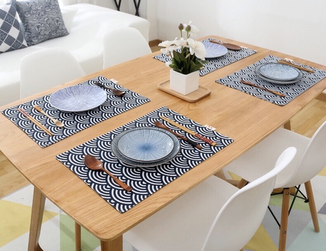 พร้อมส่ง! ที่รองจาน ทำจากผ้า สไตล์ญี่ปุ่น สีน้ำเงิน ของแต่งบ้าน แต่งคอนโด ผ้ารองจาน