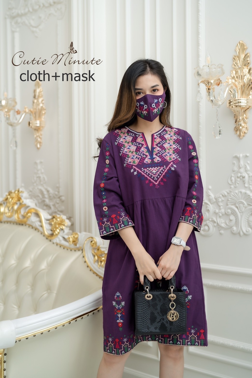 Sale++#CUTIE MINUTE 14041 เดรสลินิน+Maskผสมผ้าฝ้ายญี่ปุ่นเกรดพรีเมี่ยม งานปักอลังการทั้งตัว ทรงปล่อยๆสบายๆ ชุดใส่ง่าย ใส่เที่ยว ใส่อยู่บ้านตอนรับซัมเมอร์ได้สบายๆเลยค่ะ ** Mask ทรงสวยปรับเข้ากับโครงหน้า ใส่แล้วหน้าดูเรียวยาว ใช้ผ้ามัสลินอย่างดีซับด้านใน**