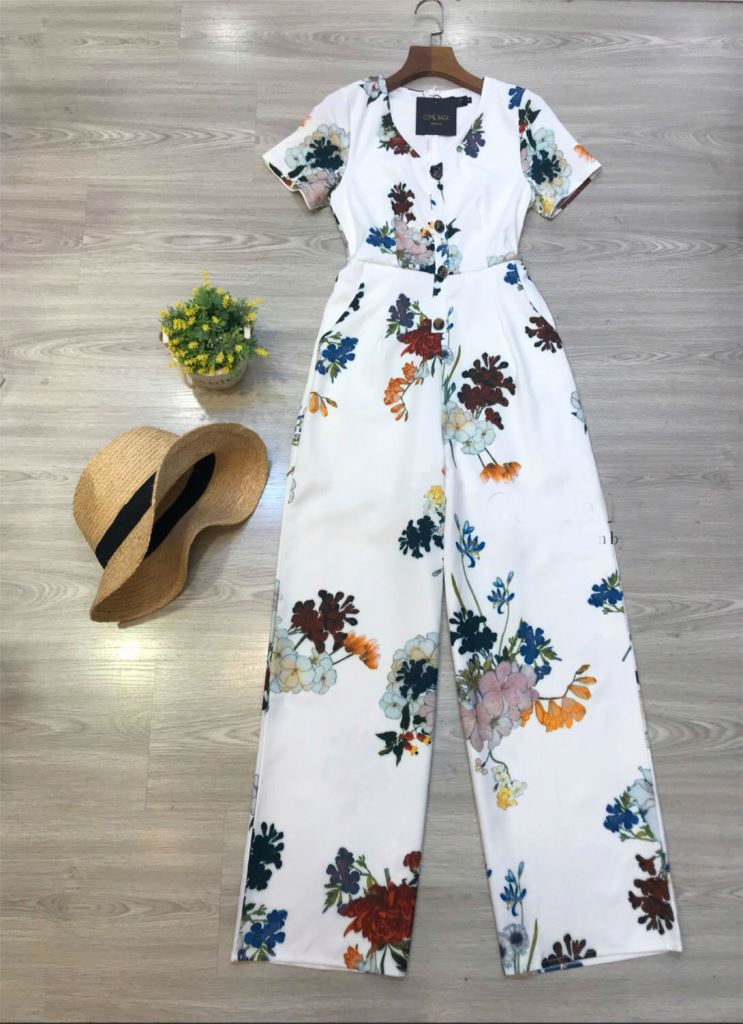 JS0053จั๊มสูทขายาว จั๊มสูทออกงาน จั๊มสูทเกาหลี จั๊มสูทลายดอก จั๊มสูทแฟชั่น (สีขาว)