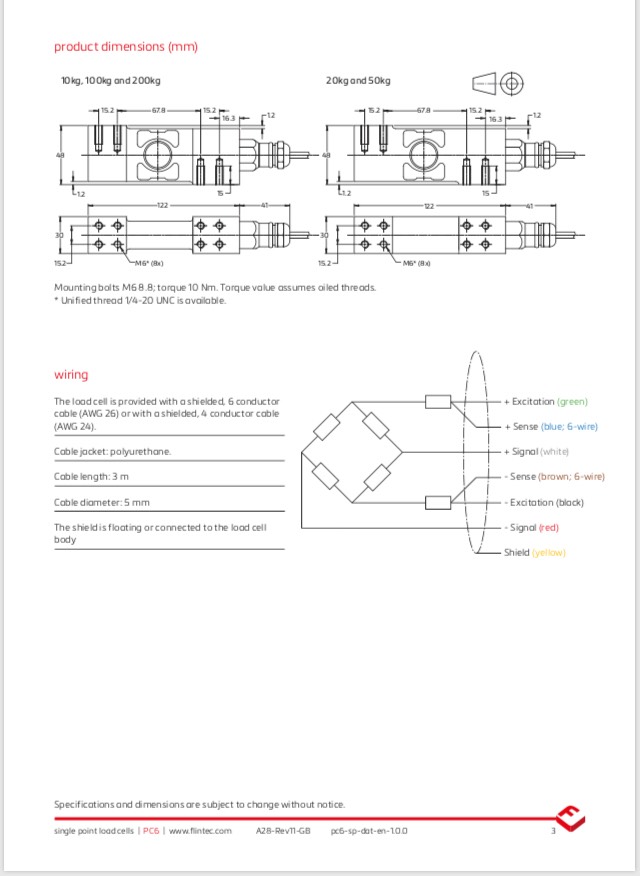 PC6 Single Point Load Cell (10 – 200kg)