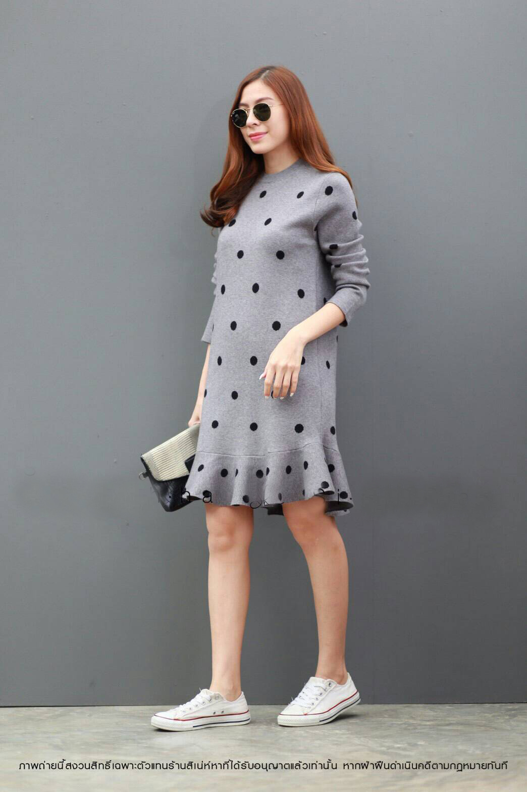 DS0115 เดรสไหมพรม เดรสแฟชั่น เดรสเกาหลี มินิเดรส เดรสสั้น (เทา)
