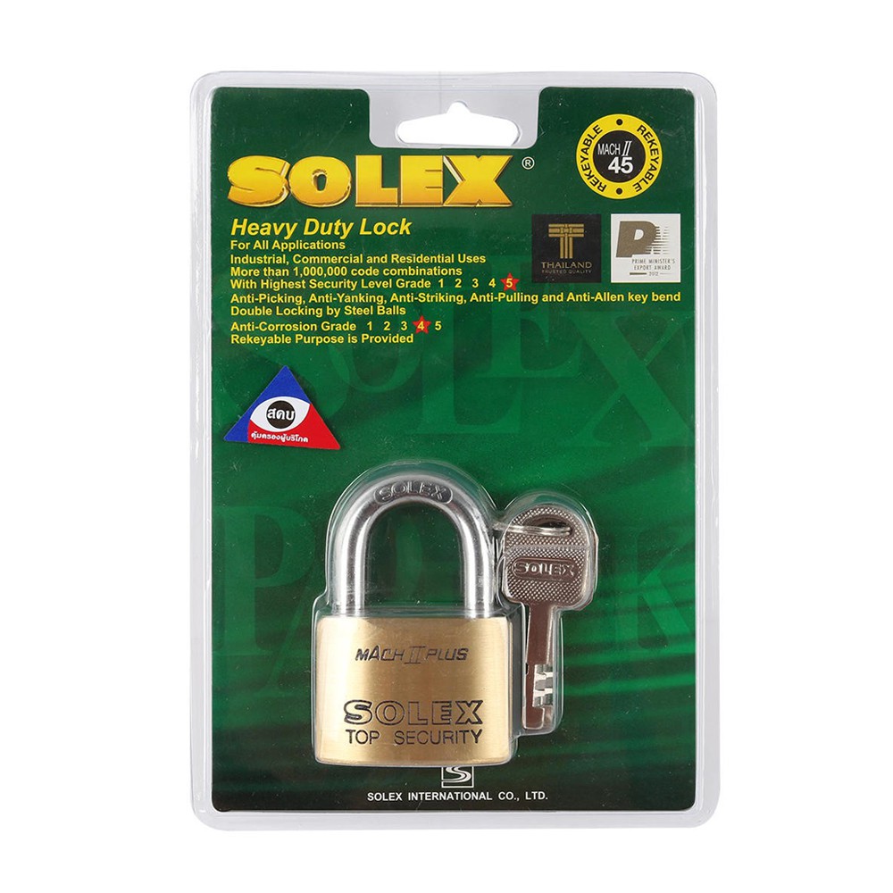 แม่กุญแจ กุญแจคล้อง กุญแจ กุญแจลูกปืน SOLEX MACH2 PLUS 45MM POLISHED BRASS