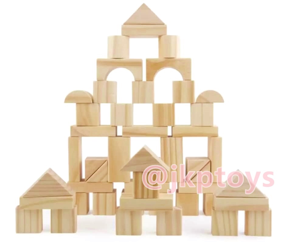 บล็อกตัวต่อไม้ บล็อคไม้ 100 ชิ้น สีไม้ธรรมชาติ