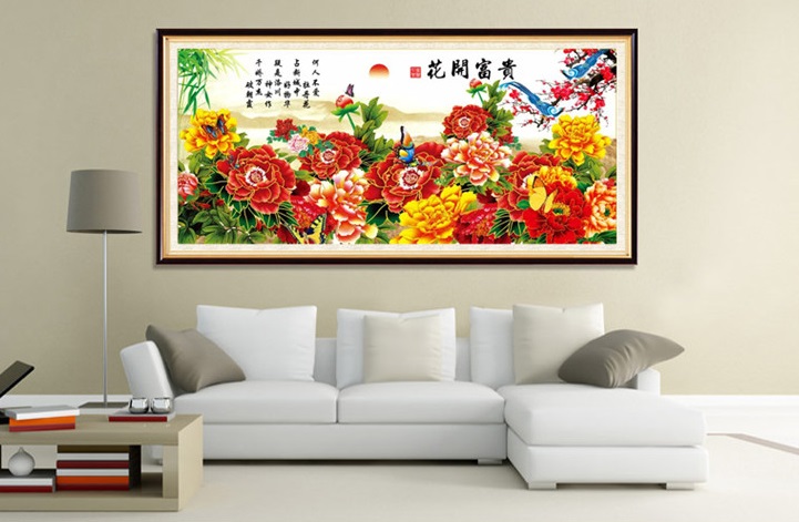 ดอกโบตั๋น มงคล นกคู่ ชุดปักครอสติส พิมพ์ลาย ครอสติสจีน งานฝีมือทำที่บ้าน DIY