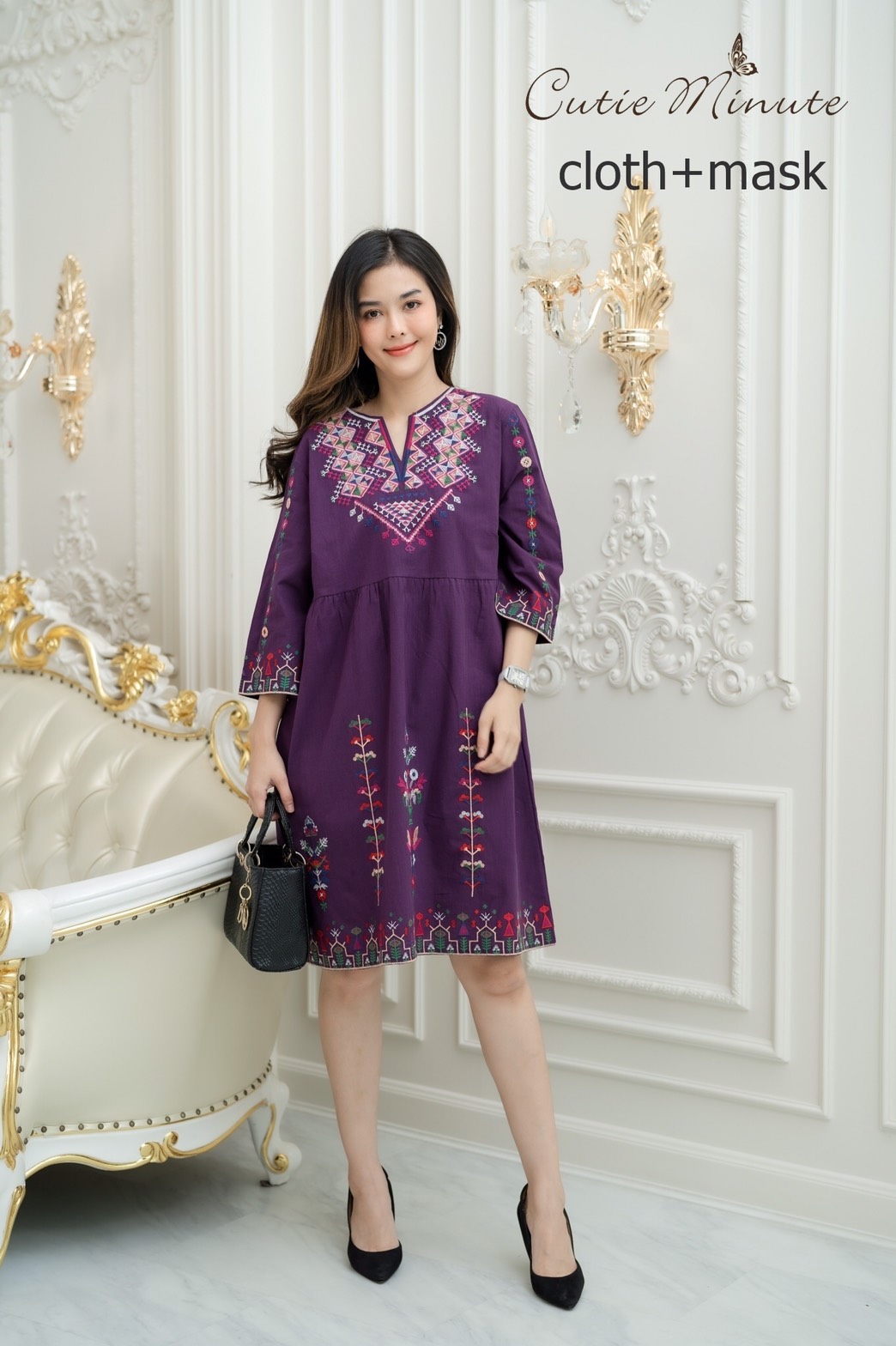 Sale++#CUTIE MINUTE 14041 เดรสลินิน+Maskผสมผ้าฝ้ายญี่ปุ่นเกรดพรีเมี่ยม งานปักอลังการทั้งตัว ทรงปล่อยๆสบายๆ ชุดใส่ง่าย ใส่เที่ยว ใส่อยู่บ้านตอนรับซัมเมอร์ได้สบายๆเลยค่ะ ** Mask ทรงสวยปรับเข้ากับโครงหน้า ใส่แล้วหน้าดูเรียวยาว ใช้ผ้ามัสลินอย่างดีซับด้านใน**