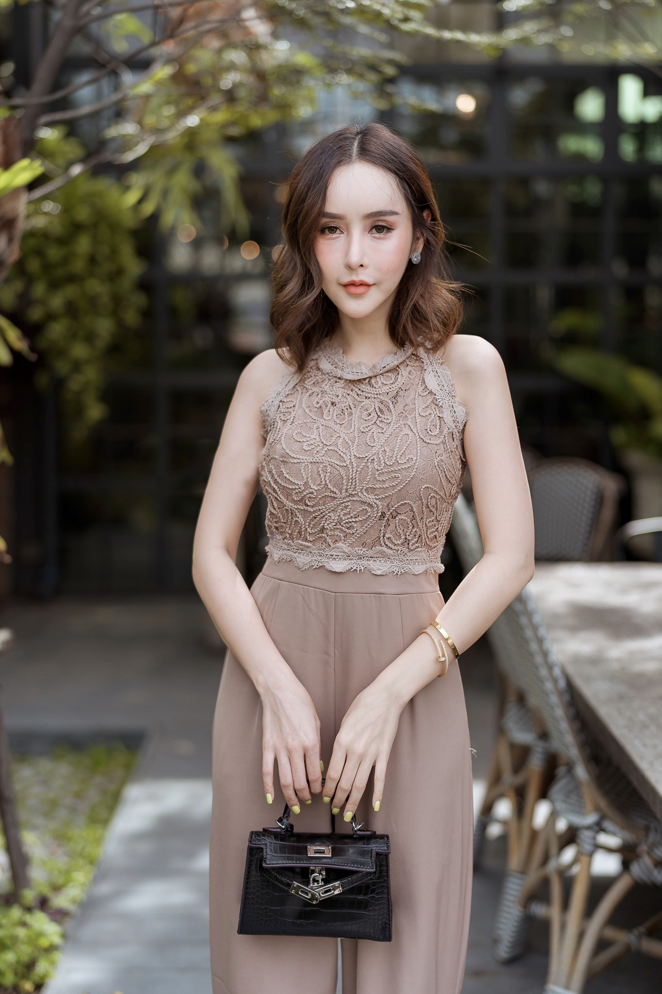 JS0096 จั๊มสูทเกาหลี จั๊มสูทแฟชั่น จั๊มสูทลูกไม้ เสื้อลูกไม้ ชุดไปเที่ยว ชุดออกงาน ชุดลูกไม้ ชุดไปงานแต่ง (น้ำตาล โอวัลติน)