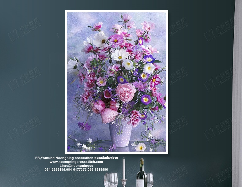 แจกันดอกไม้ ชุดปักครอสติส พิมพ์ลาย ครอสติสจีน งานฝีมือทำที่บ้าน DIY