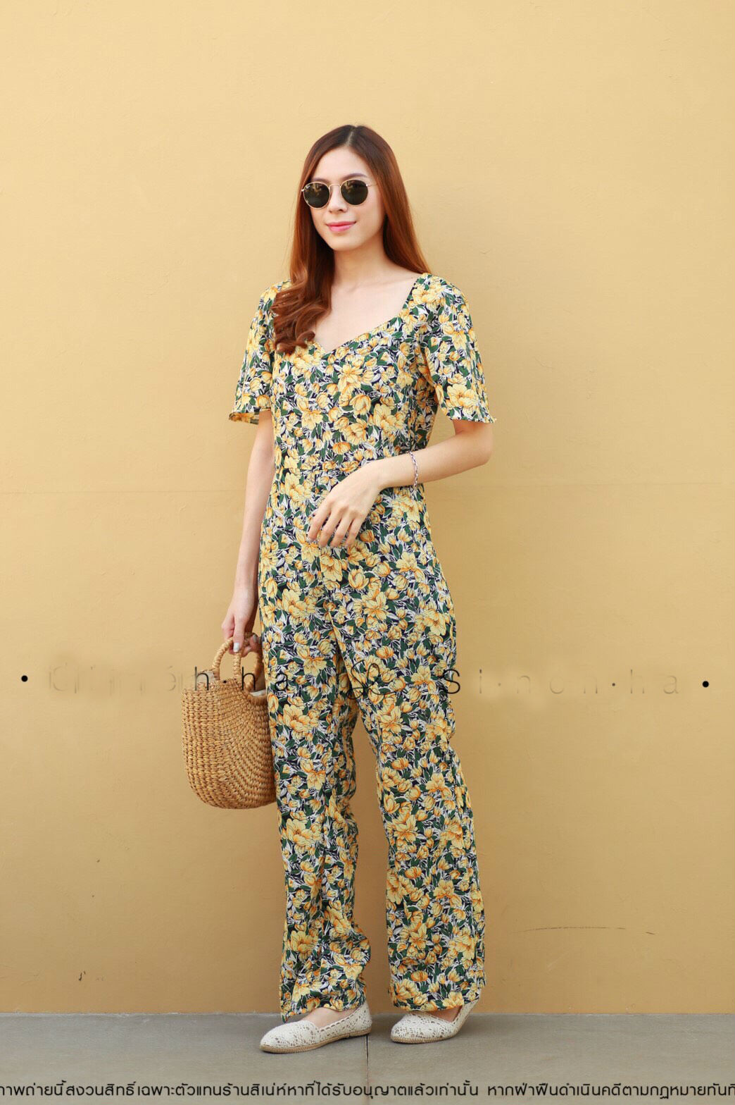 JS0086 จั๊มสูทขายาว จั๊มสูทออกงาน จั๊มสูทเกาหลี จั๊มสูทลายดอก จั๊มสูทแฟชั่น (สีเหลือง)