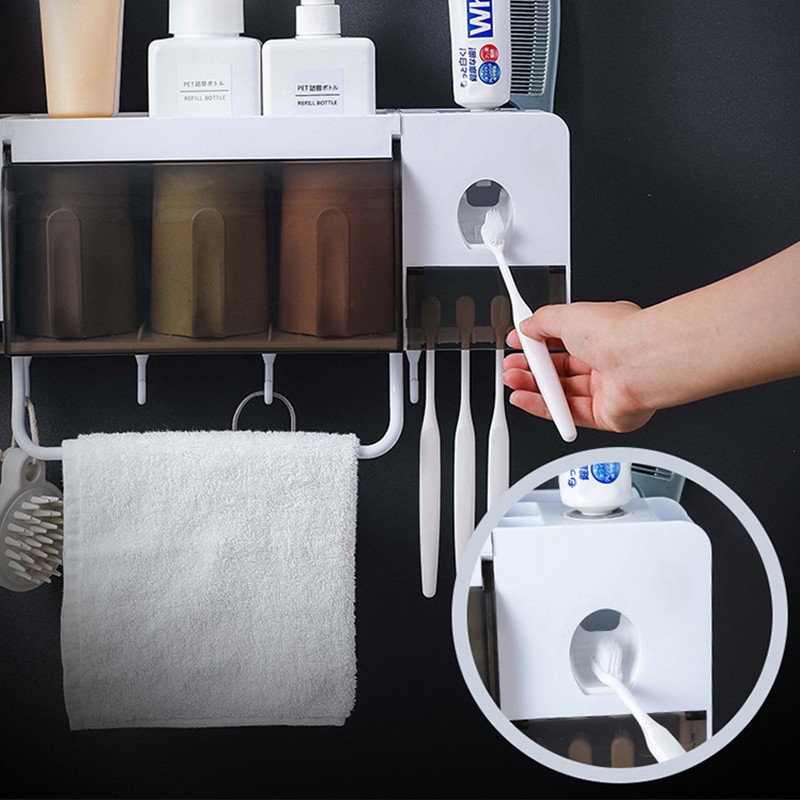 BestoreHome เครื่องบีบยาสีฟันอัต โนมัติมีที่แขวนแปรงสีฟัน เก็บแปรงสีฟันติดผนัง แถมชุดแก้วน้ำ สินค้ามีพร้อมส่ง