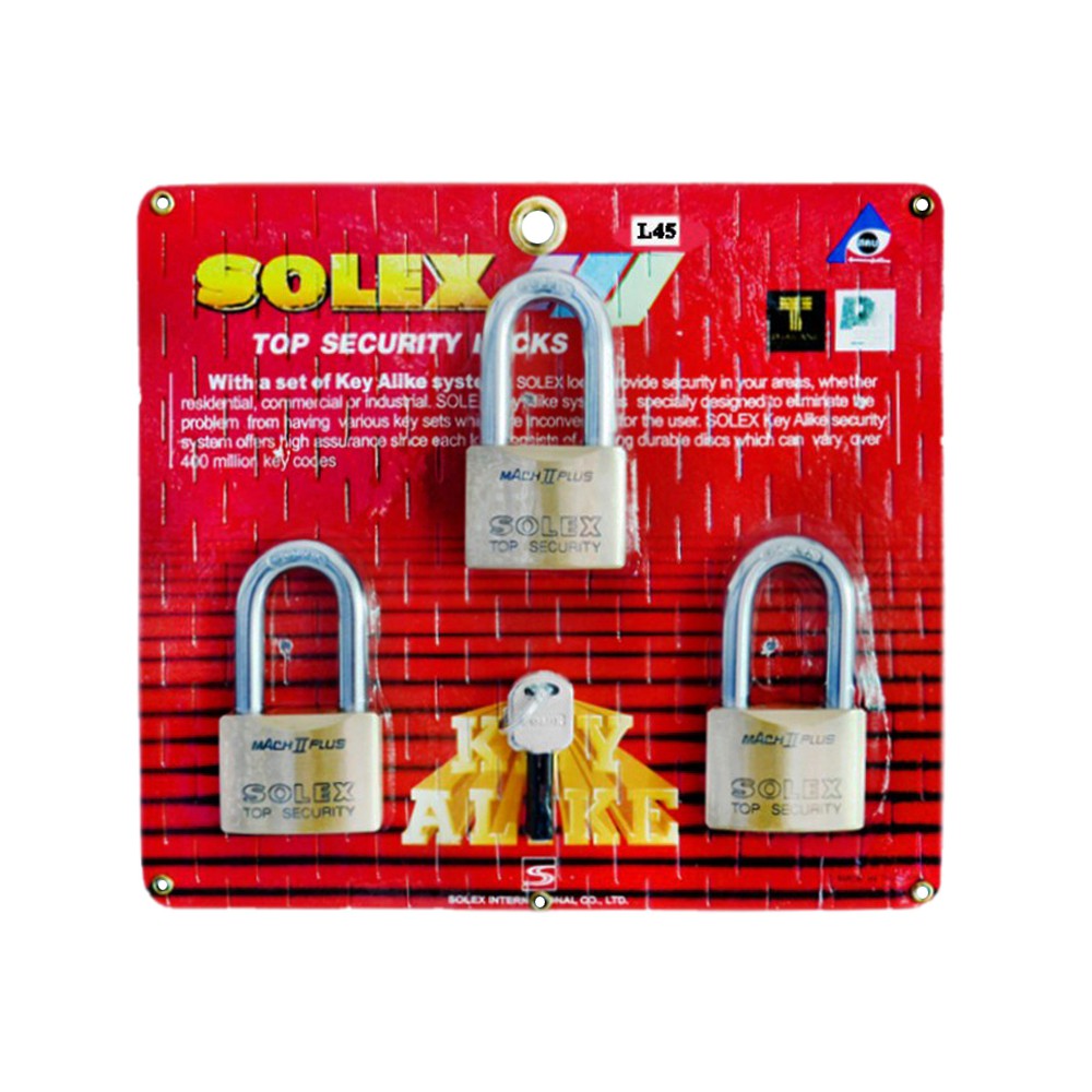 แม่กุญแจ กุญแจคล้อง กุญแจ กุญแจKEY ALIKE SOLEX MACH II PLUS L 45มิลลิเมตร 3ตัว/ชุด