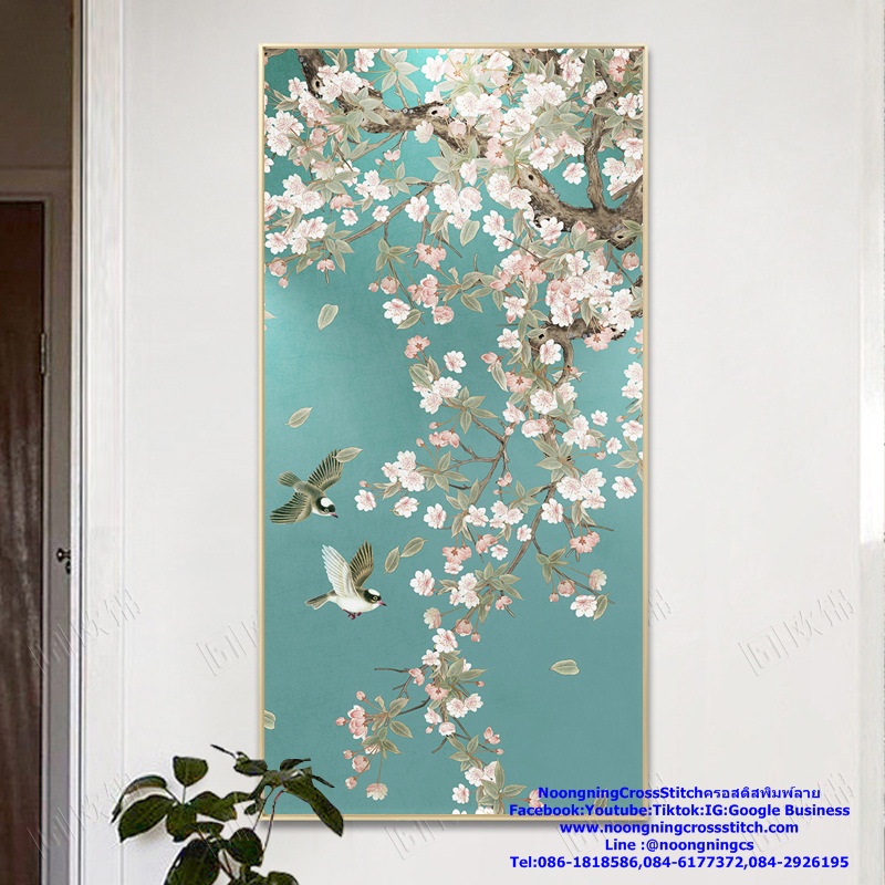 นกคู่ดอกไม้สวยงาม ชุดปักครอสติช พิมพ์ลาย ครอสติสจีน งานฝีมือ DIY