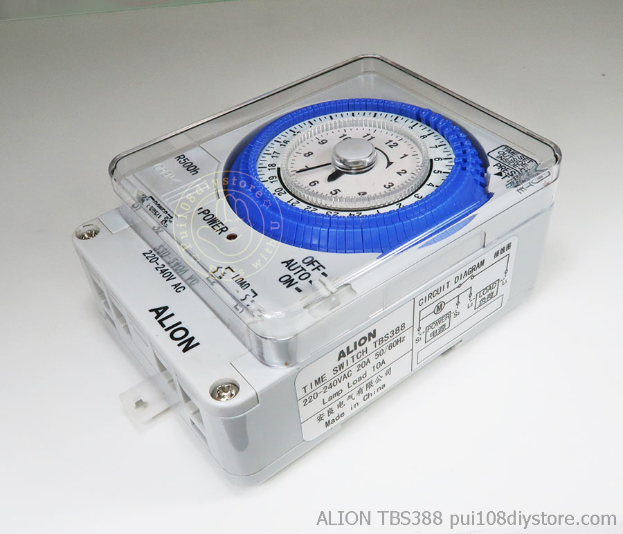 มุมข้างเนมเพลท สวิทช์ตั้งเวลาชนิดเข็ม24ชม.ตั้งได้96ครั้ง 20(10)A 220V มีแบตชาร์จกันไฟดับ ALION TBS388 analog time switch ,side with nameplate