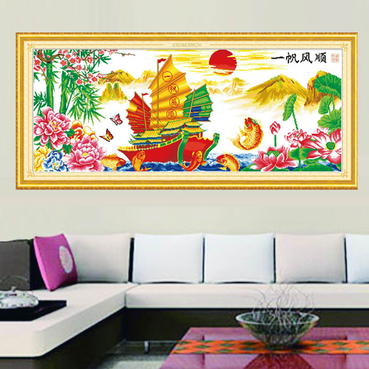 เรือสำเภา ค้าขายร่ำรวย ชุดปักครอสติส พิมพ์ลาย ครอสติสจีน งานฝีมือทำที่บ้าน DIY
