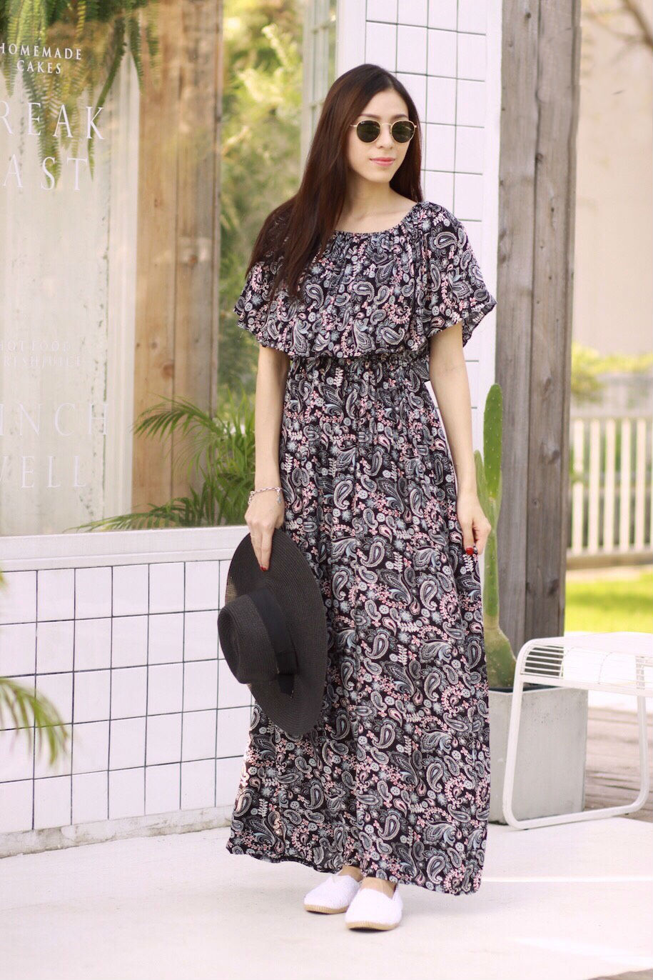 MD0027 เสื้อผ้าแฟชั่นเกาหลี เดรสเกาหลี เดรสยาว เดรสแฟชั่น แม็กซี่เดรส Maxidress ลายดอก Maxi Dress (สีดำ)