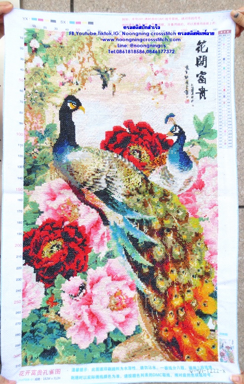 นกยูงคู่ ดอกโบตั๋น ครอสติสปักสำเร็จ80x50cm ไม่รวมกรอบ งานฝีมือ DIY