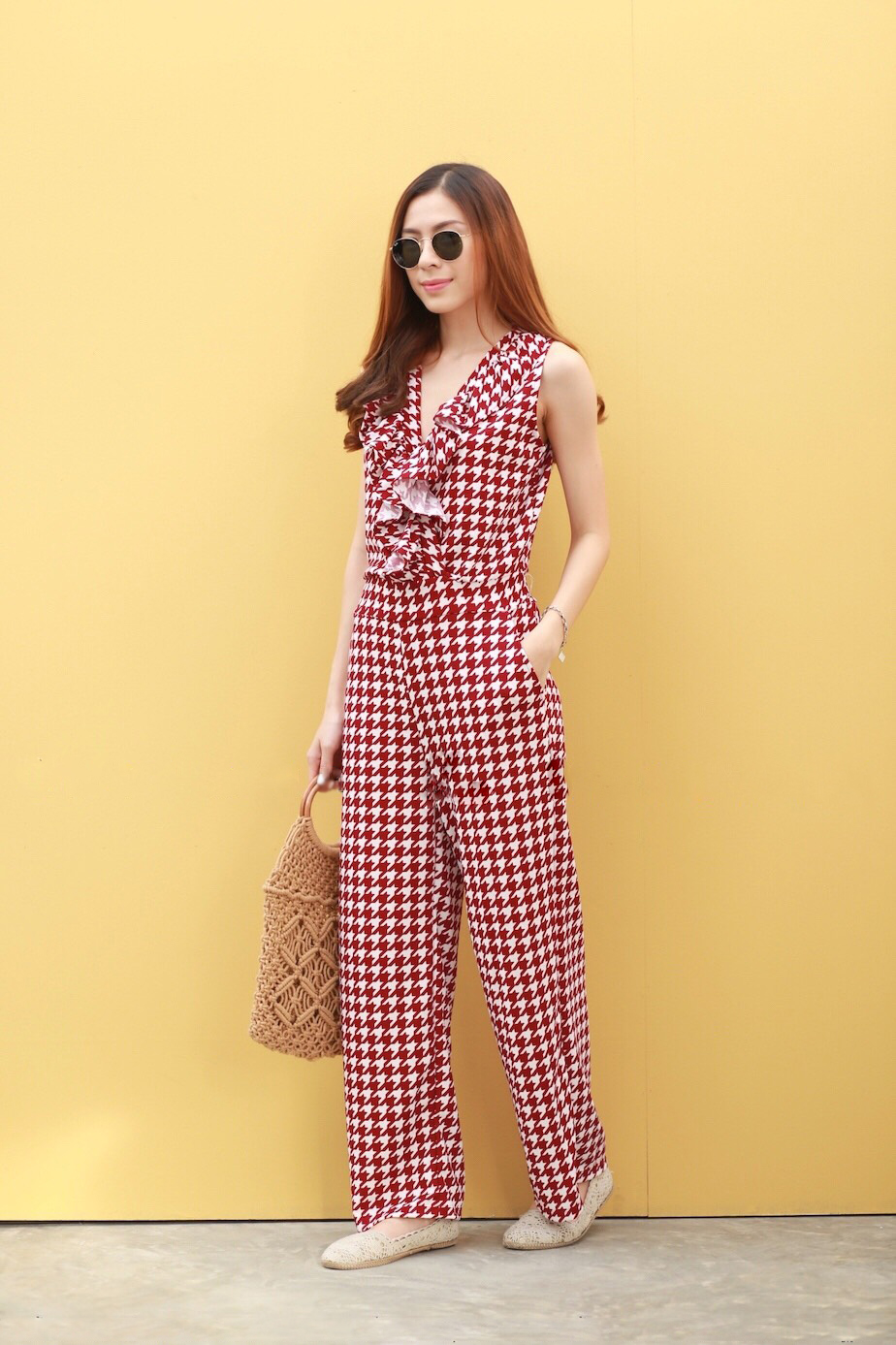 JS0097 จั๊มสูทขายาว จั๊มสูทออกงาน จั๊มสูทเกาหลี จั๊มสูทแขนกุด จั๊มสูทแฟชั่น (สีแดง)