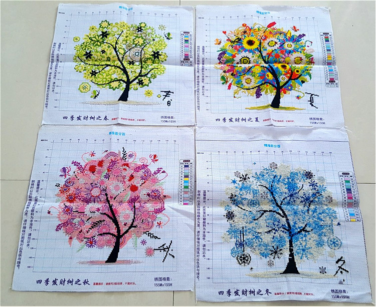 ต้นไม้สวยงาม ครอสติสปักสำเร็จ45X45cmX4ชิ้น ไม่รวมกรอบ งานฝีมือ DIY