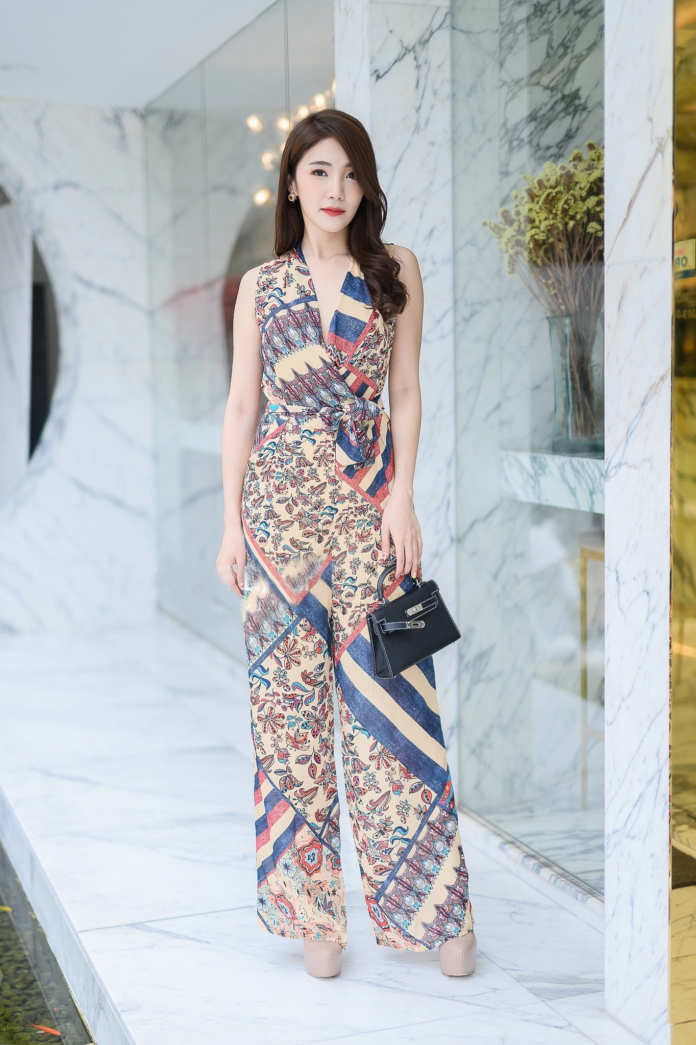 JS00103 จั๊มสูทคอวี จั๊มสูทขายาว จั๊มสูทออกงาน จั๊มสูทแขนกุด จั๊มสูทแฟชั่น