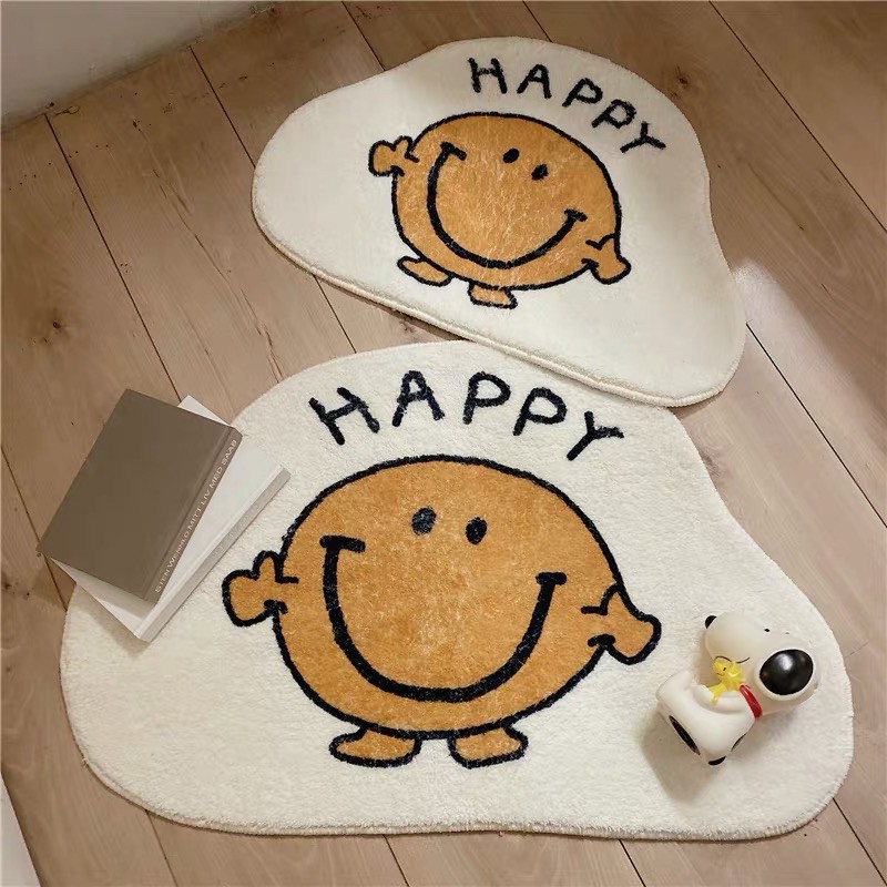พร้อมส่ง 🔥 พรม happy สมายลี่ พรมมินิมอล พรมสีขาว พรมมีแผ่นกันลื่น พรมหน้าห้องน้ำ พรมสไตล์เกาหลี