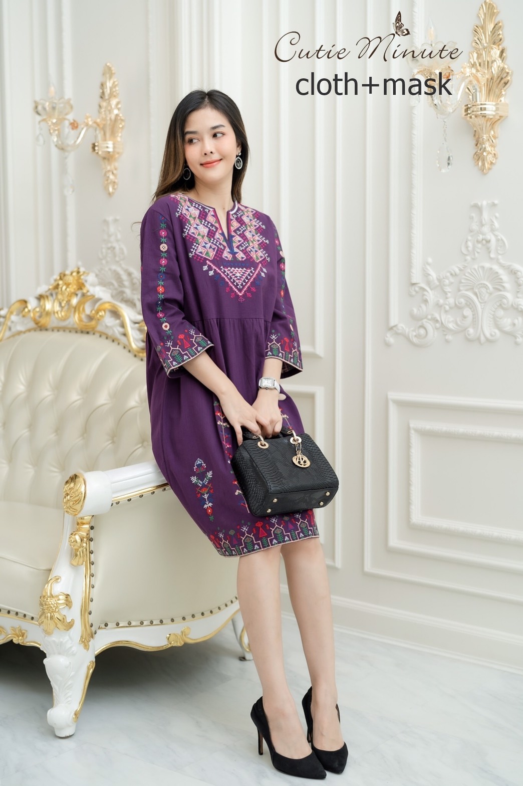 Sale++#CUTIE MINUTE 14041 เดรสลินิน+Maskผสมผ้าฝ้ายญี่ปุ่นเกรดพรีเมี่ยม งานปักอลังการทั้งตัว ทรงปล่อยๆสบายๆ ชุดใส่ง่าย ใส่เที่ยว ใส่อยู่บ้านตอนรับซัมเมอร์ได้สบายๆเลยค่ะ ** Mask ทรงสวยปรับเข้ากับโครงหน้า ใส่แล้วหน้าดูเรียวยาว ใช้ผ้ามัสลินอย่างดีซับด้านใน**